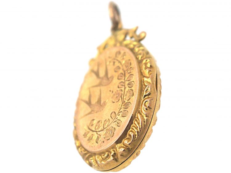 Edwardian 9ct Gold Oval Shaped Locket with Swallows & Flowers Motif