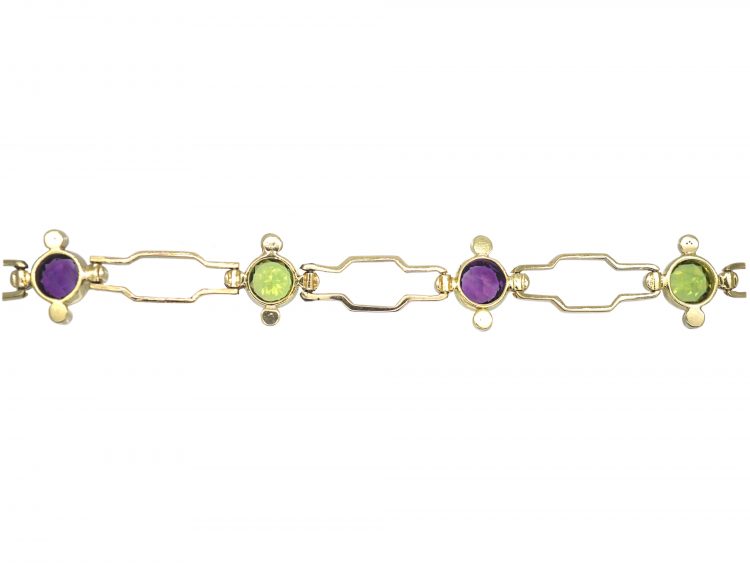 15ct Gold Suffragette Bracelet set with Amethysts, Natural Split pearls & Peridots