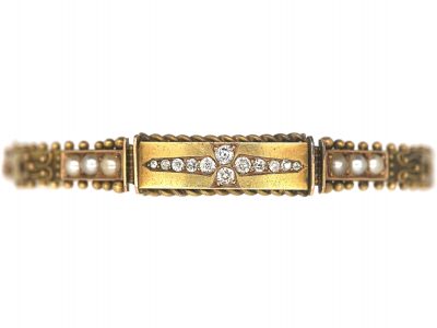 Victorian 15ct Gold Bangle set with Diamonds & Natural Split Pearls