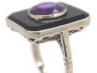 Art Deco Platinum, Onyx & Amethyst Geometric Ring
