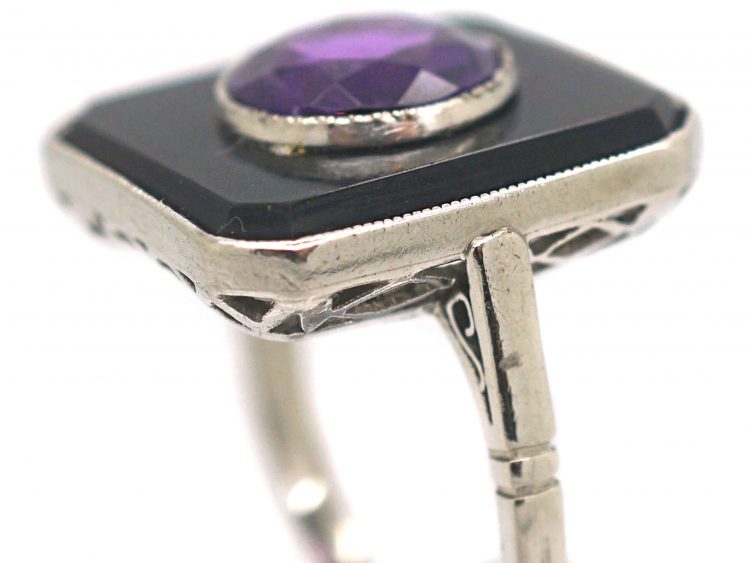 Art Deco Platinum, Onyx & Amethyst Geometric Ring