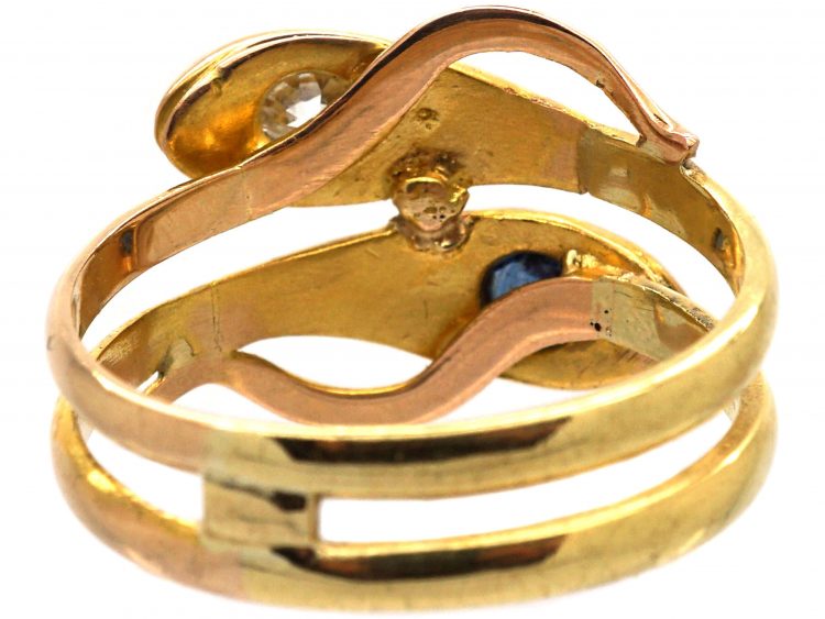 Edwardian 18ct Gold Double Snake Ring set with a Sapphire & a Diamond