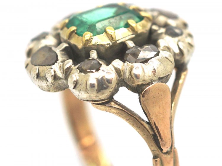 Large French Early 19th Century Emerald & Rose Cut Diamond Cluster Ring