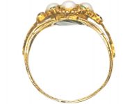 Regency 15ct Gold, Ruby Emerald & Natural Split Pearl Cluster Ring with Glazed Locket on Reverse