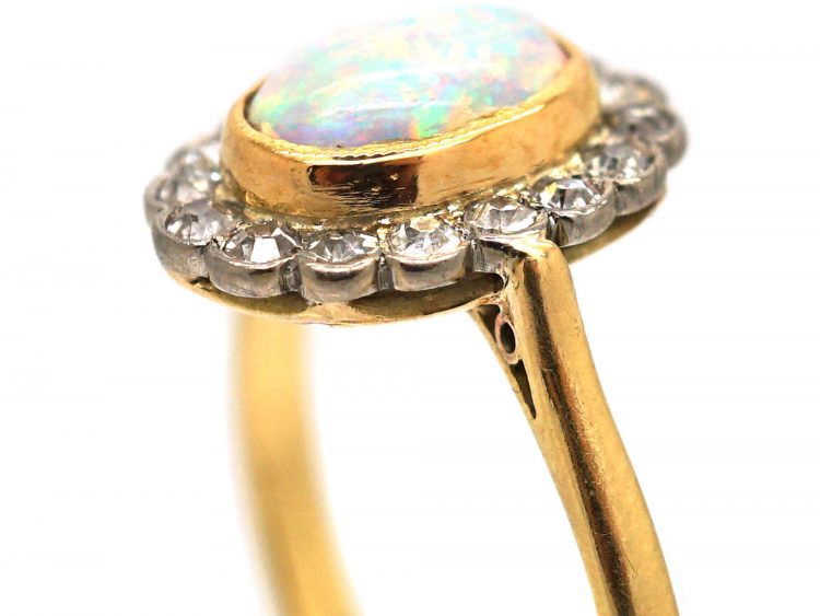 Edwardian 18ct Gold & Platinum, Opal & Diamond Cluster Ring