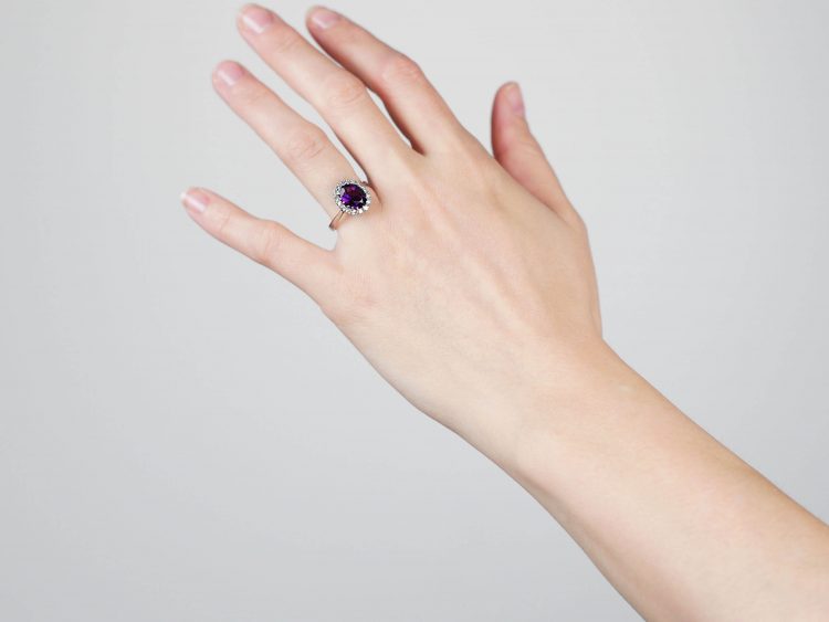 18ct White Gold, Amethyst & Diamond Oval Cluster Ring