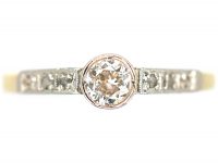 Art Deco 18ct Gold & Platinum, Diamond Solitaire Ring with Rose Diamond Set Shoulders