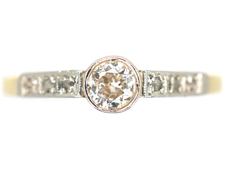 Art Deco 18ct Gold & Platinum, Diamond Solitaire Ring with Rose Diamond Set Shoulders