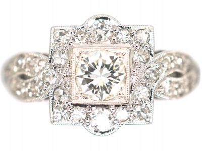 Art Deco Platinum & 18ct White Gold Square Cluster Ring with Entwined Shoulders