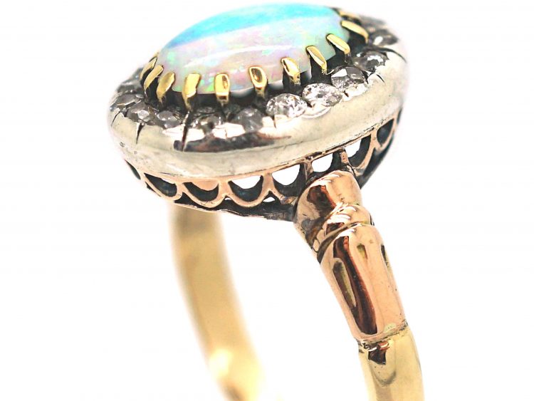 Edwardian 18ct Gold, Opal & Diamond Oval Cluster Ring