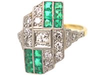 Art Deco 18ct Gold & Platinum, Emerald & Diamond Geometric Design Ring