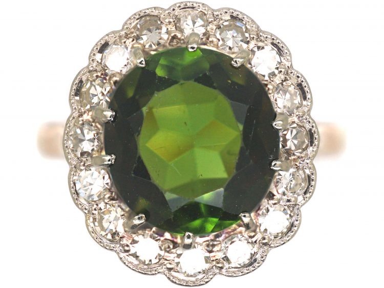 18ct Gold & Platinum, Green Tourmaline & Diamond Cluster Ring