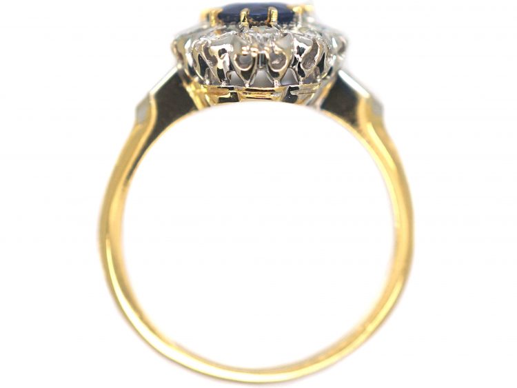 French 18ct Gold, Sapphire & Diamond Oval Cluster Ring with Diamond Set Shoulders