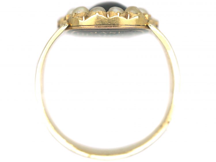 Georgian 18ct Gold, Cabochon Garnet & Natural Split Pearl Swivel Mourning Ring