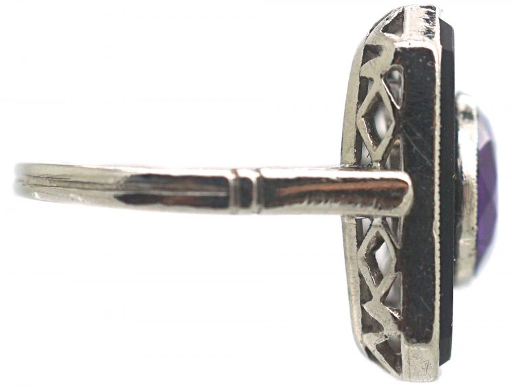 Art Deco Platinum, Onyx & Amethyst Geometric Ring