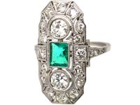 Early 20th Century Platinum, Emerald & Diamond Plaque Ring with Diamond Set Shoulders