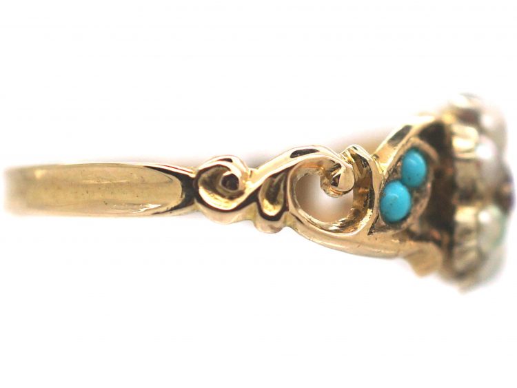 Regency 15ct Gold Ruby & Natural Split Pearl Cluster Ring with Turquoise set Shoulders & Glazed Locket on Reverse