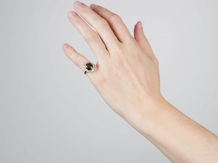 18ct Gold & Platinum, Green Tourmaline & Diamond Cluster Ring