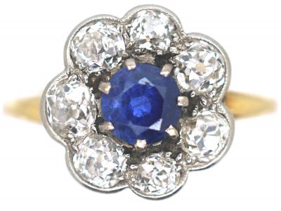 Edwardian 18ct Gold & Platinum, Sapphire & Diamond Cluster Ring