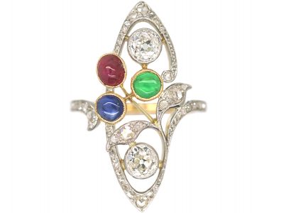 Art Nouveau 18ct Gold & Platinum, Diamond, Emerald, Ruby & Sapphire Ring