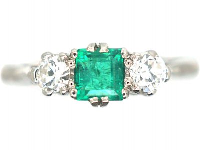 Art Deco Platinum, Emerald & Diamond Three Stone Ring