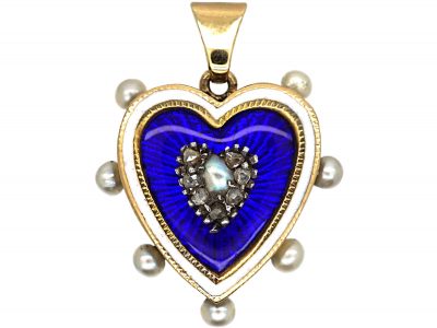 Edwardian 15ct Gold Blue & White Enamel, Natural Pearl & Rose Diamond Heart Pendant