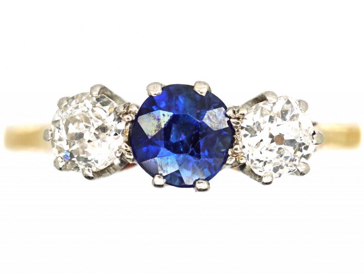 Early 20th Century 18ct Gold & Platinum, Sapphire & Diamond Three Stone Ring