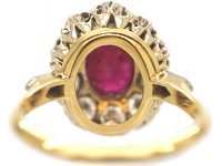 French 18ct Gold, Ruby & Diamond Cluster Ring with Diamond Set Shoulders