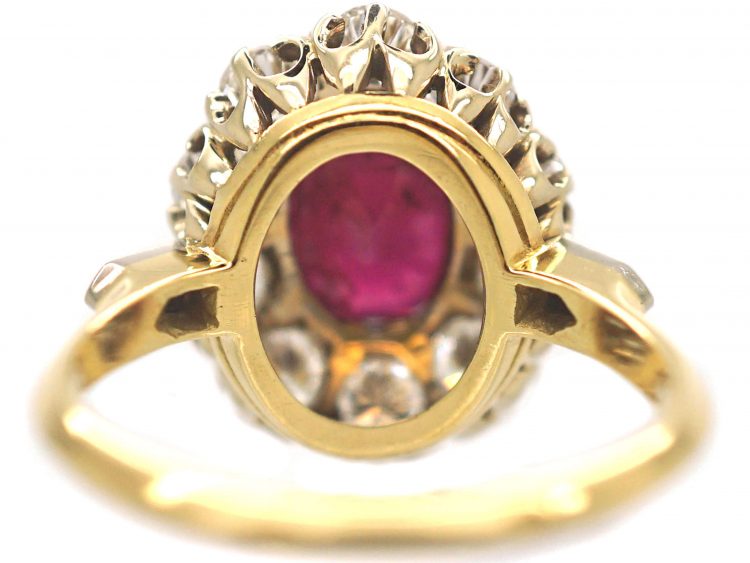 French 18ct Gold, Ruby & Diamond Cluster Ring with Diamond Set Shoulders