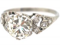 Art Deco Platinum, Solitaire Diamond Ring with Diamond Set Shoulders