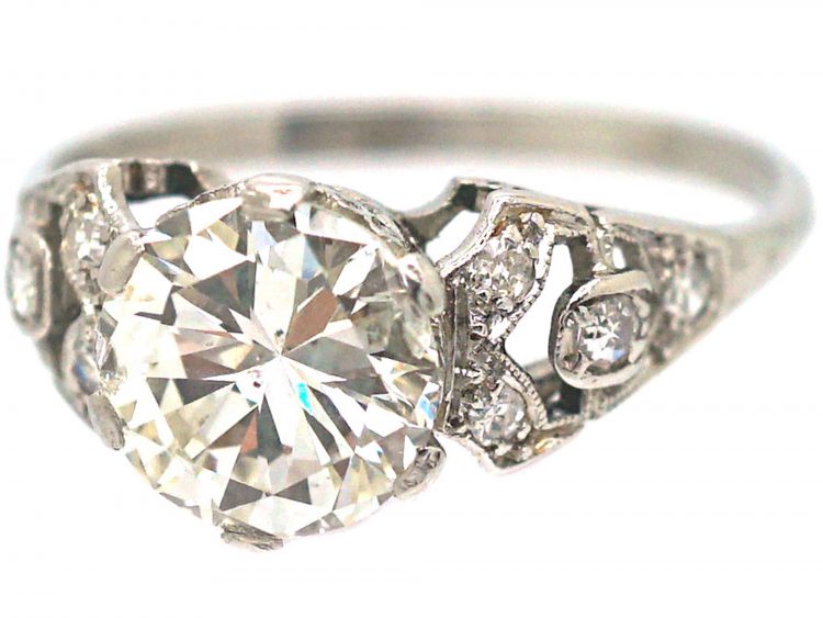 Art Deco Platinum, Solitaire Diamond Ring with Diamond Set Shoulders