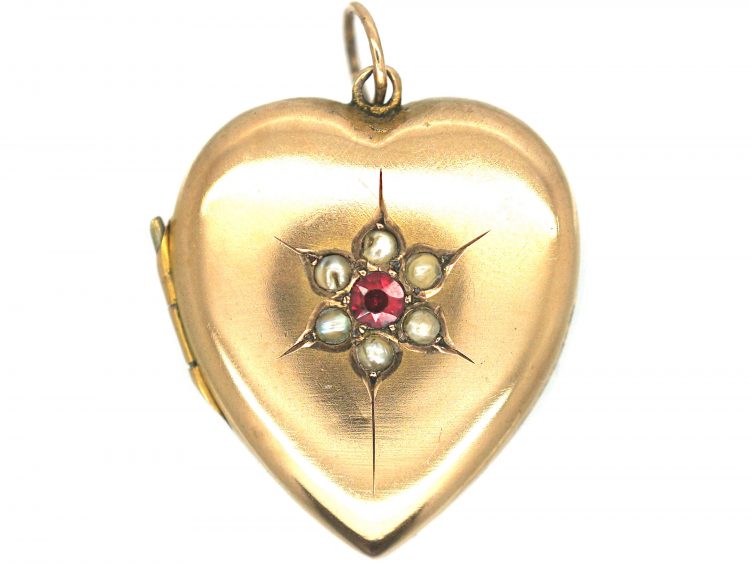 Edwardian 9ct Gold Heart Shaped Locket set with a Garnet & Natural Split Pearls