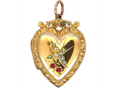 Edwardian 9ct Gold Back & Front Heart Shaped Locket with Paste Set Swallow Motif
