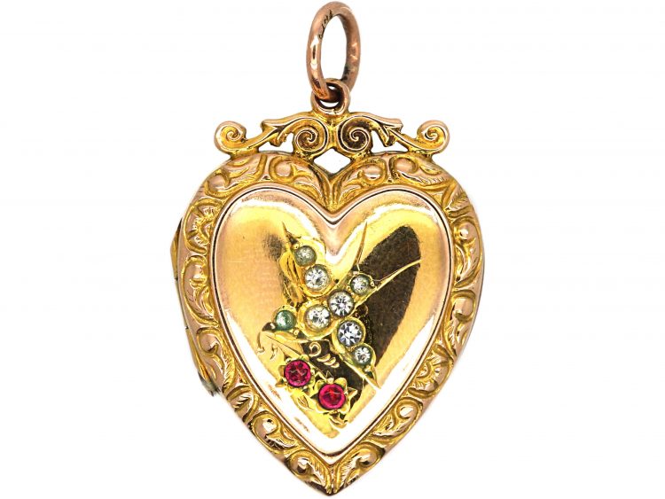 Edwardian 9ct Gold Back & Front Heart Shaped Locket with Paste Set Swallow Motif