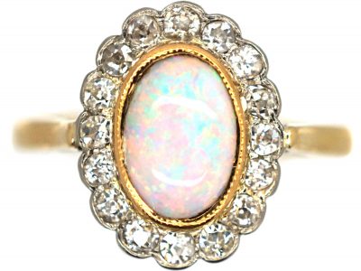 Edwardian 18ct Gold & Platinum, Opal & Diamond Cluster Ring