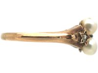 French Belle Epoque 18ct Gold Ring set with Two Natural Pearls & Two Rose Diamonds