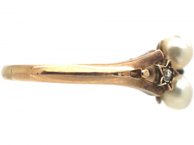 French Belle Epoque 18ct Gold Ring set with Two Natural Pearls & Two Rose Diamonds