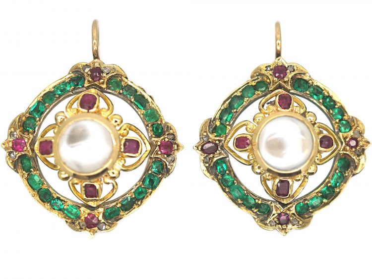 Victorian 18ct Gold, Moonstone, Ruby, Rose Diamond & Emerald Cluster Earrings