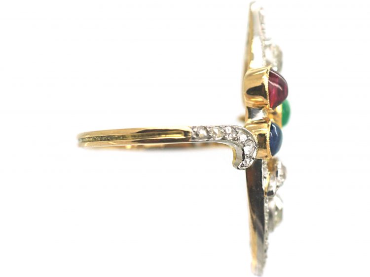 Art Nouveau 18ct Gold & Platinum, Diamond, Emerald, Ruby & Sapphire Ring