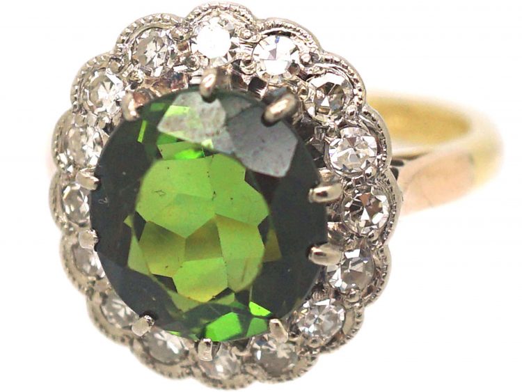 18ct Gold & Platinum, Green Tourmaline & Diamond Cluster Ring
