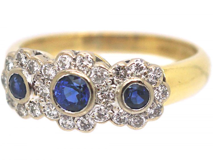 18ct Gold Triple Cluster Ring set with Sapphires & Diamonds by Charles Green & Sons