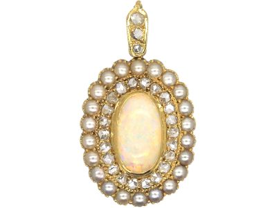 Edwardian 15ct Gold, Opal, Natural Split Pearl & Rose Diamond Pendant