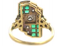 Art Deco 18ct Gold & Platinum, Emerald & Diamond Geometric Design Ring