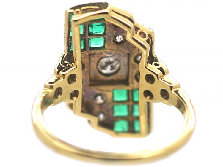 Art Deco 18ct Gold & Platinum, Emerald & Diamond Geometric Design Ring