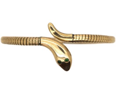 9ct Gold Snake Bangle with Green Garnet Eyes