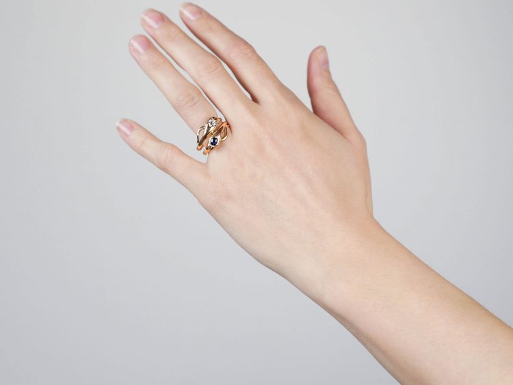 Edwardian 18ct Gold Double Snake Ring set with a Sapphire & a Diamond