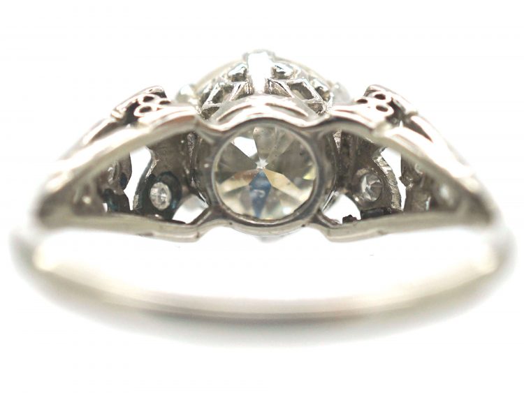 Art Deco Platinum, Solitaire Diamond Ring with Diamond Set Shoulders