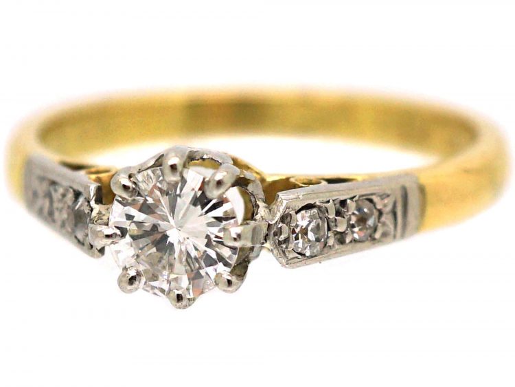 Art Deco 18ct Gold & Platinum, Diamond Solitaire Ring with Diamond Set Shoulders