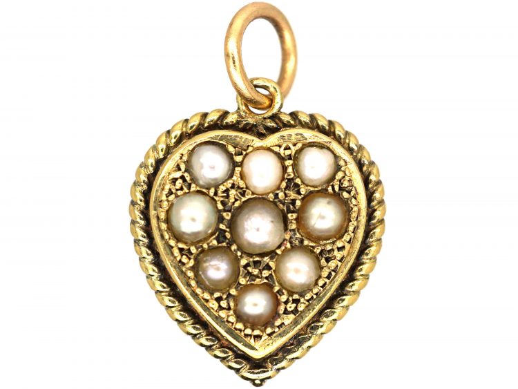 Victorian 18ct Gold, Diamond & Natural Split Pearl Reversible Heart Pendant