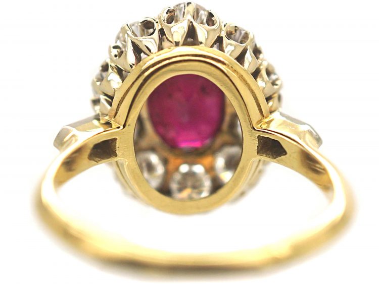 French 18ct Gold, Ruby & Diamond Cluster Ring with Diamond Set Shoulders